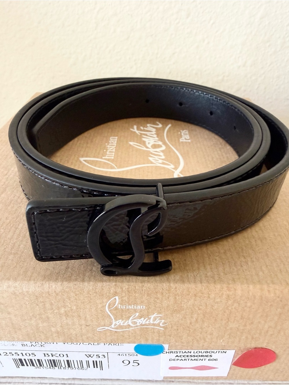 New Christian Louboutin Loubi54 patent leather women belt, black, size 95